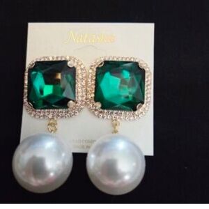NATASHA🔥 Pearl/ Emerald Green Crystal Drop Earrings